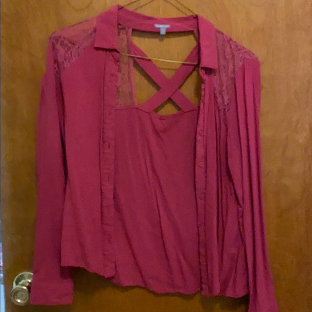 Burgundy lace button down shirt